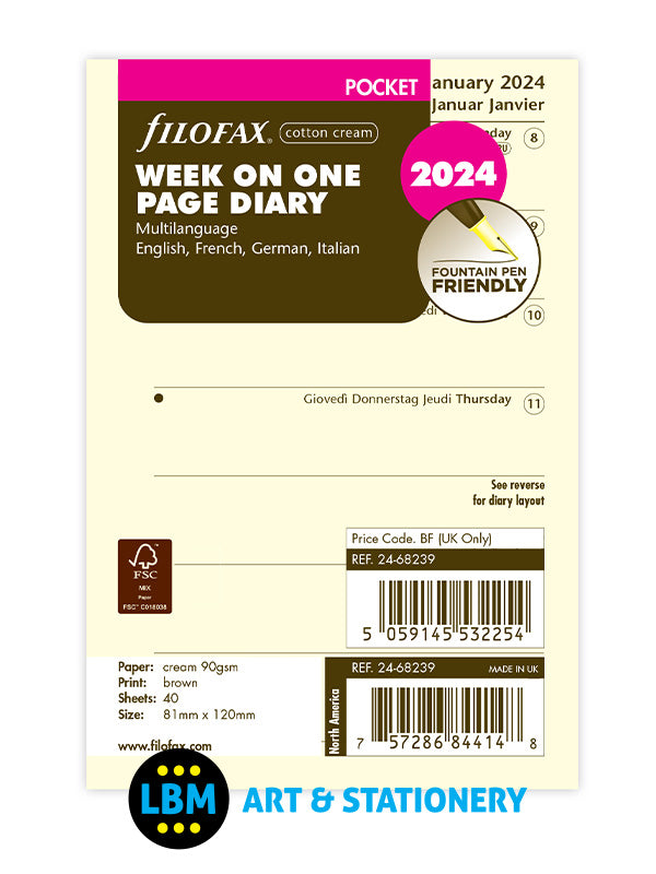 Filofax 2024 Pocket Diary Week On One Page Cotton Cream Insert 24-68239 –  LBM Art & Stationery Store