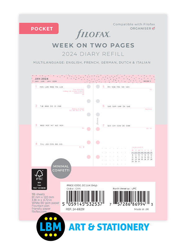Filofax 2024 Pocket Diary Refill Week On Two Pages Confetti Design
