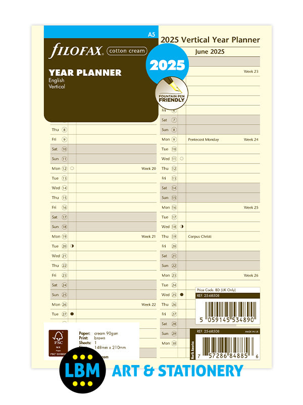 Filofax 2025 A5 Year Planner Vertical Layout Cotton Cream 2568508