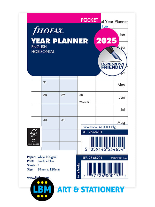 Filofax 2025 Pocket size Year Planner Horizontal Diary Refill 2568201