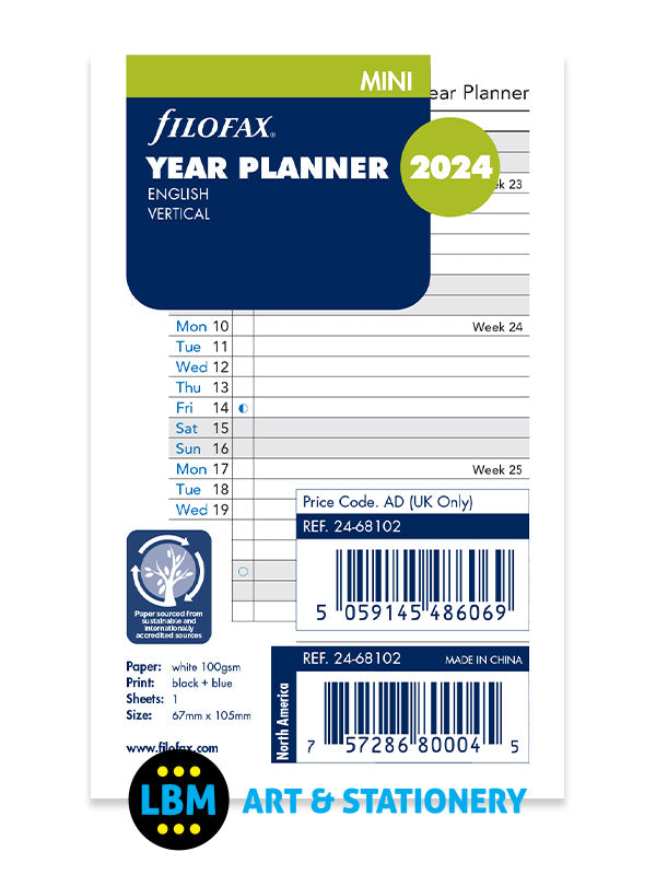 2024 Mini Year Planner Vertical Layout Diary Refill 24-68102