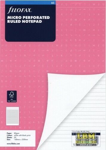 Filofax - A5 size White Ruled Notepad Non-Punched Micro Perforated Refill 342007 - LBM Art & Stationery Store