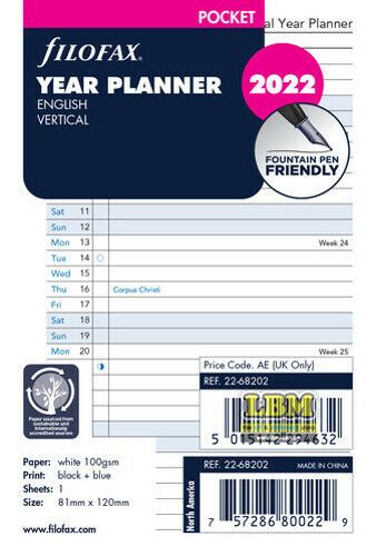 Filofax Pocket size Year Planner - Vertical layout Diary Refill - choose year - 68202 - LBM Art & Stationery Store