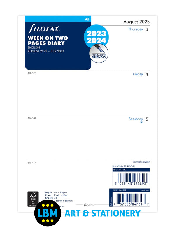 2023 - 2024 A5 size Mid Year Diary Refill Week On Two Pages Organiser 24-68562