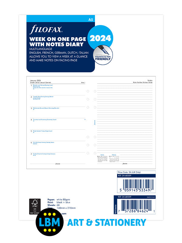 2024 A5 Diary Refill Week On One Page with Lined Notes 24-68509