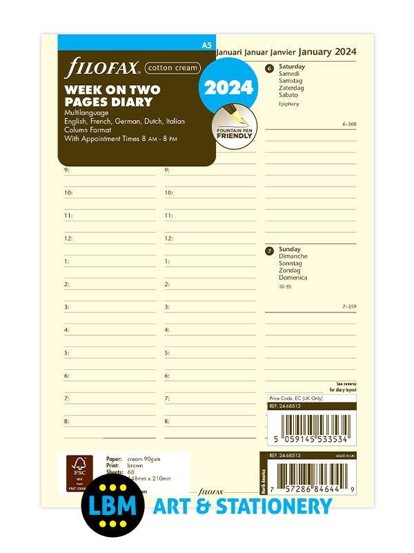 2024 A5 Diary Refill Week On Two Pages Cotton Cream 24-68513