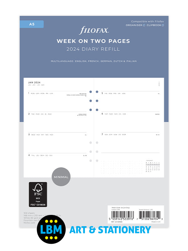 2024 A5 Diary Refill Week On Two Pages Insert Refill 2468590 LBM Art