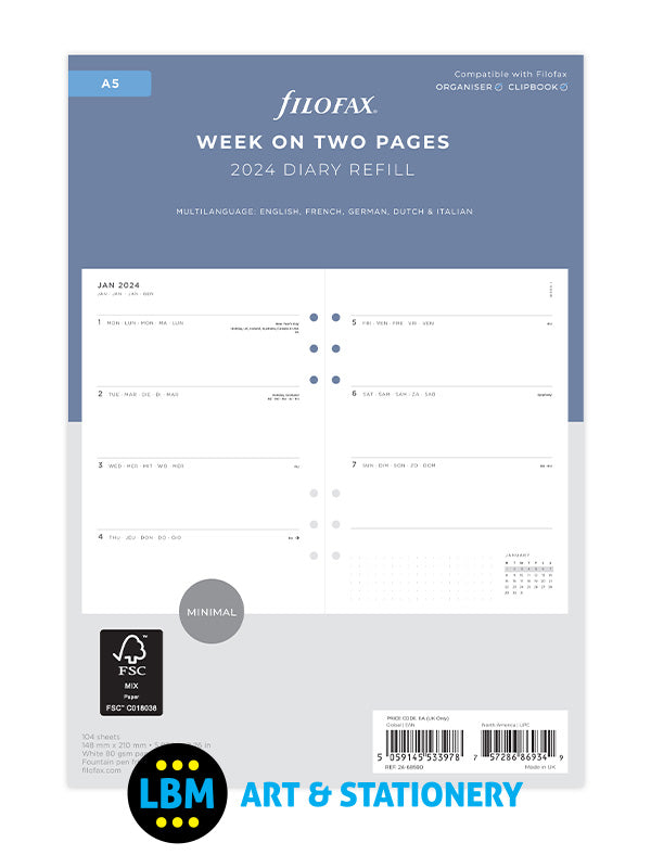 2024 A5 Diary Refill Week On Two Pages Insert Refill 24-68590