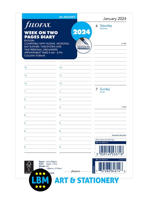 2024 A5 Diary Week On Two Pages Appointment Multi-Fit 24-68521M