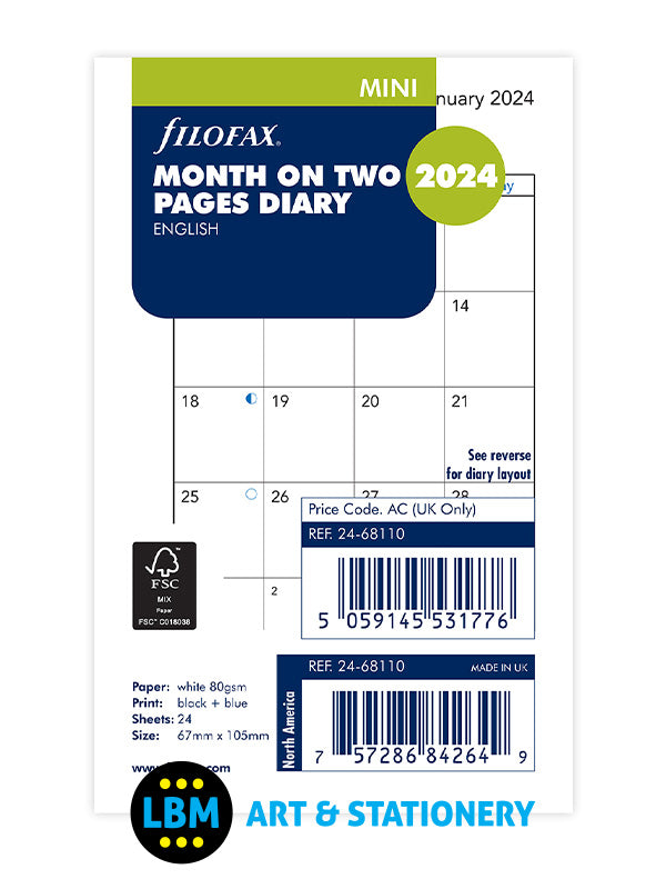 2024 Mini Diary Refill Month On Two Pages Organiser Insert 24-68110 - LBM Art & Stationery Store