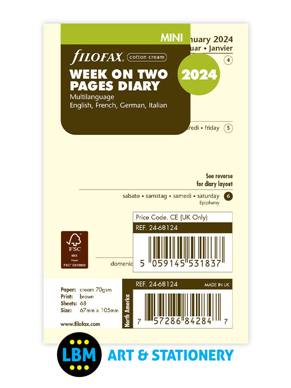 Filofax - 2024 Mini Diary Refill Week On Two Pages Cotton Cream Insert 24-68124 - LBM Art & Stationery Store