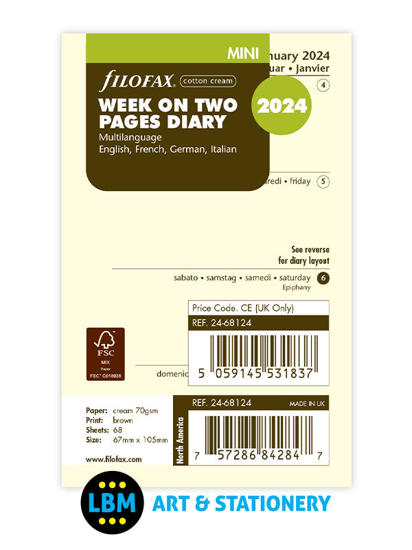 2024 Mini Diary Refill Week On Two Pages Cotton Cream Insert 24-68124