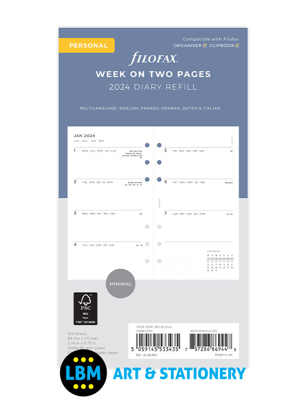 2024 Personal Diary Refill Week On Two Pages Minimal Design Refill 24-68490
