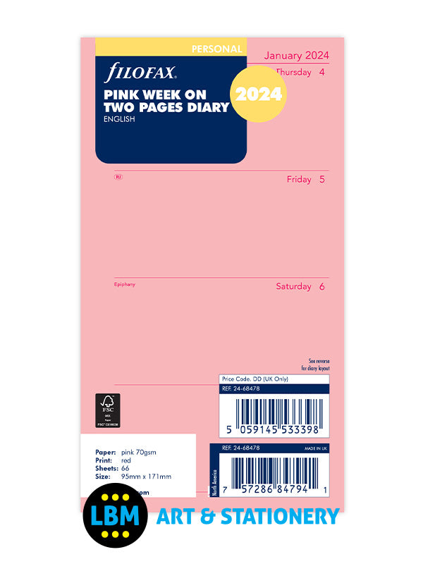 2024 Personal Diary Refill Week On Two Pages Pink Insert 24-68478