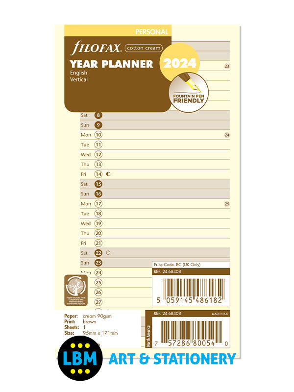 2024 Personal size Year Planner Vertical Layout Cotton Cream 24-68408