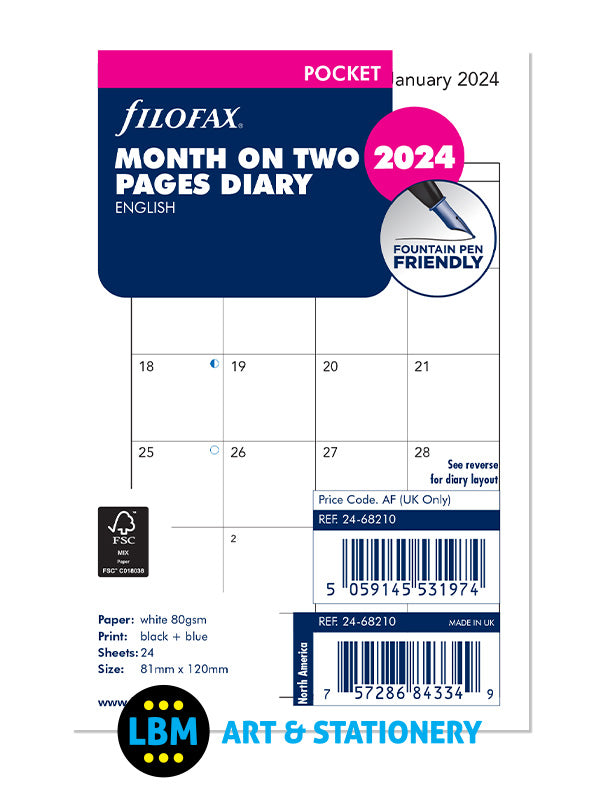 Filofax - 2024 Pocket Diary Refill Month On Two Pages Organiser 24-68210 - LBM Art & Stationery Store