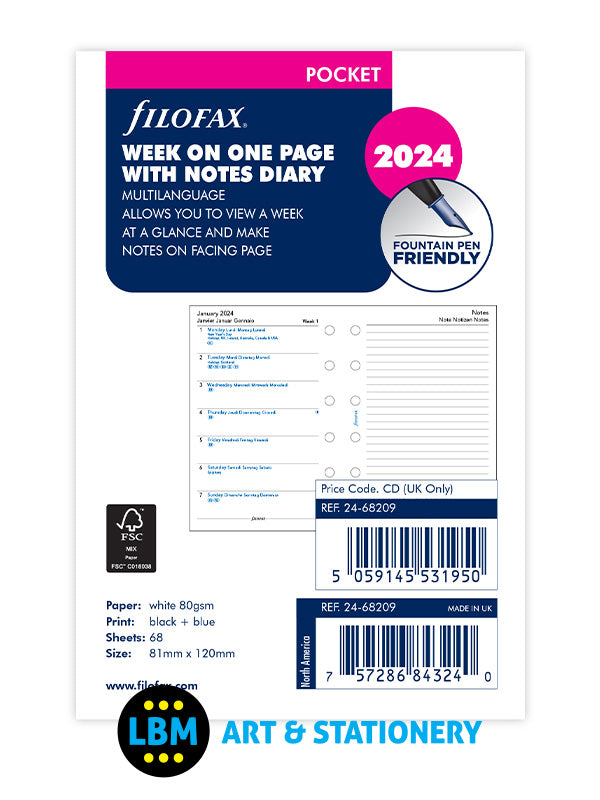 FILOFAX 2024 Pocket Diary Refill Week on One Page with Notes 2468209