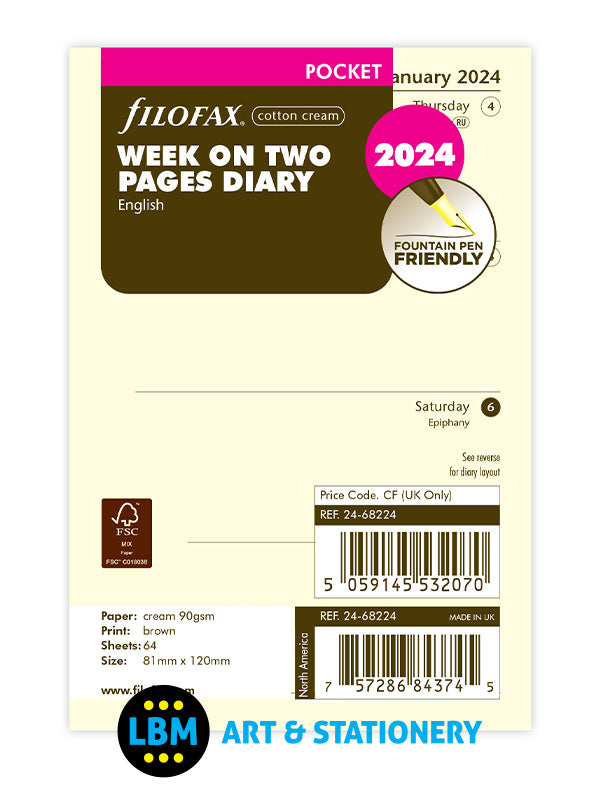 2024 Pocket Diary Refill Week On Two Pages Cotton Cream Insert 24-68224