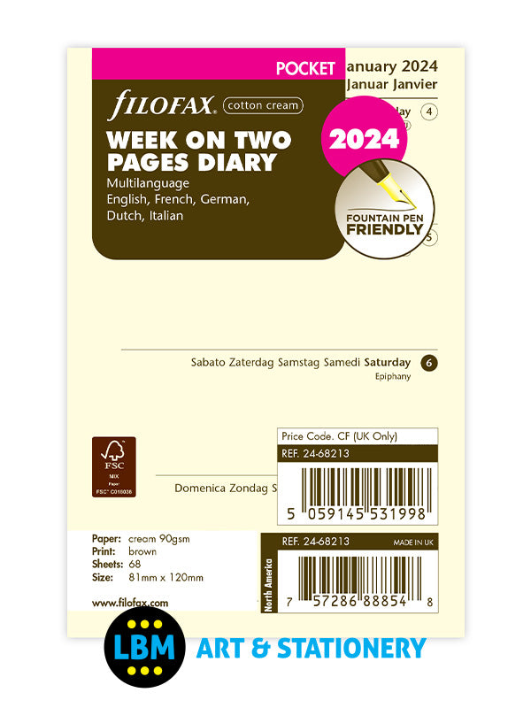 Filofax - 2024 Pocket Diary Refill Week On Two Pages Cotton Cream Multi Language 24-68213 - LBM Art & Stationery Store