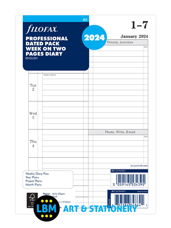 2024 Professional A5 Diary Refill Week On Two Pages Dated Pack 24-TM7051