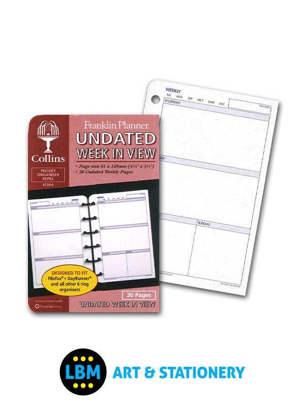 Pocket size Undated Week In View Diary Insert Organiser Refill KT3016 - LBM Art & Stationery Store