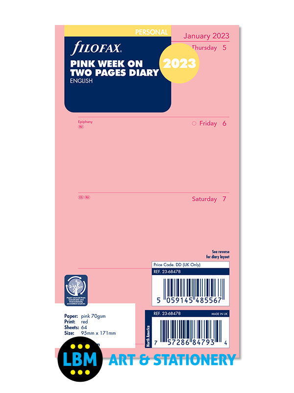 2023 Personal Diary Refill Week On Two Pages Pink Insert 23-68478