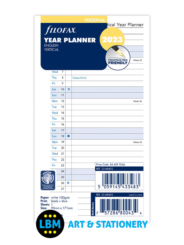 2023 Personal Size Year Planner Vertical layout Diary Refill 23-68402 - LBM Art & Stationery Store