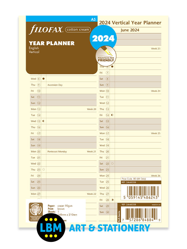 Filofax - 2024 A5 size Year Planner Vertical Layout Cotton Cream 24-68508 - LBM Art & Stationery Store