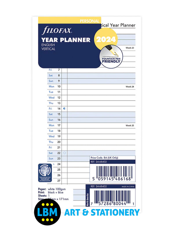 Filofax - 2024 Personal Size Year Planner Vertical layout Diary Refill 24-68402 - LBM Art & Stationery Store