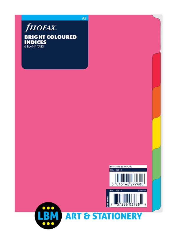 A5 size Bright Coloured Index 6-Part Blank Tab Divider Refill 132618 - LBM Art & Stationery Store