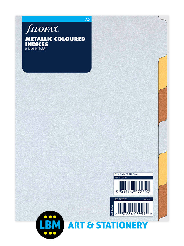 A5 size Metallic Coloured Index 6-Part Blank Tab Divider Refill 132619