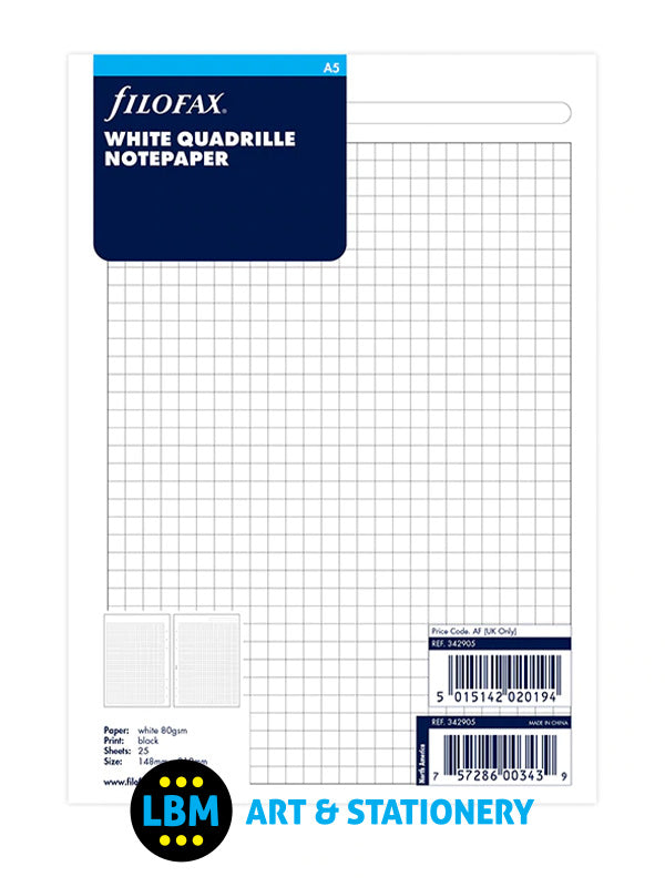 Filofax A5 size White Quadrille Squared Notepaper Refill Insert 342905 - LBM Art & Stationery Store
