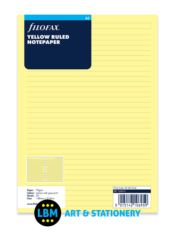 Filofax A5 size Yellow Ruled Lined Notepaper Organiser Refill 343010 - LBM Art & Stationery Store