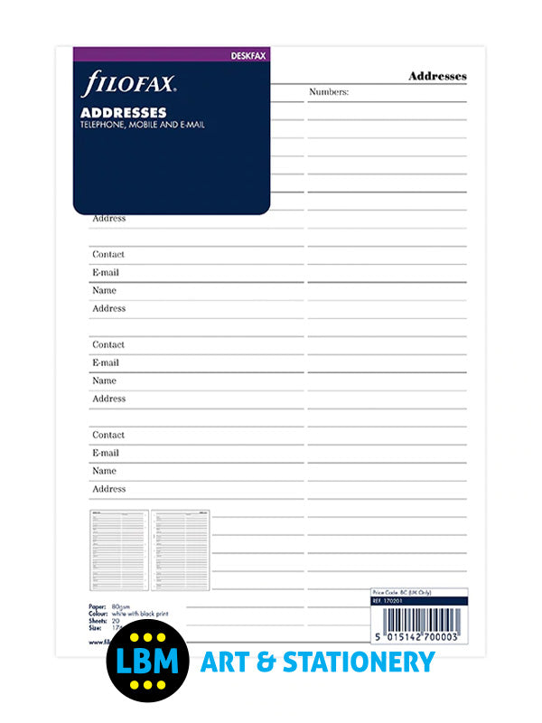 Filofax Deskfax size Addresses Notepaper Refill Insert 170201 - LBM Art & Stationery Store