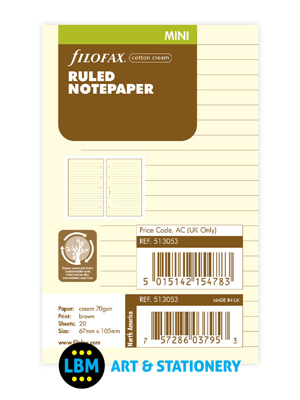 Filofax Mini size Cotton Cream Ruled Lined Notepaper Organiser Refill 513053 - LBM Art & Stationery Store