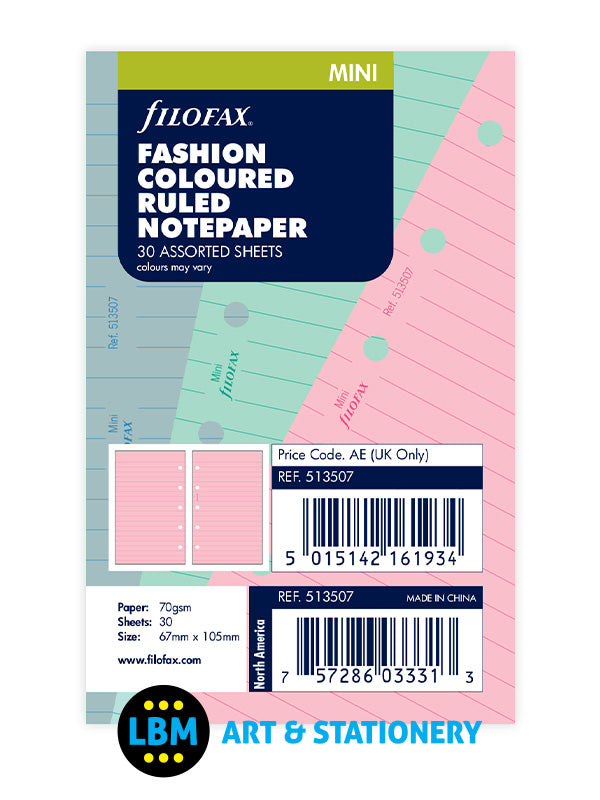 Filofax - Fashion Coloured Ruled Lined Notepaper Refill Insert Mini size 513507 - LBM Art & Stationery Store