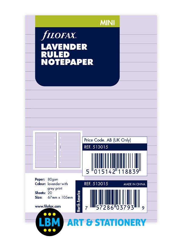 Filofax - Mini size Lavender Ruled Notepaper Organiser Refill 513015 - LBM Art & Stationery Store