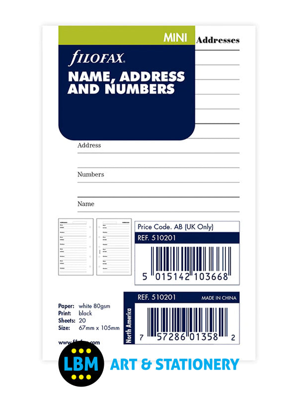 Mini size Name Address And Numbers Organiser Refill 510201