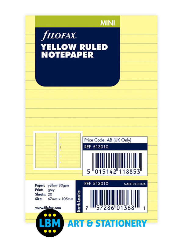 Filofax Mini size Yellow Ruled Lined Notepaper Organiser Refill 513010 - LBM Art & Stationery Store