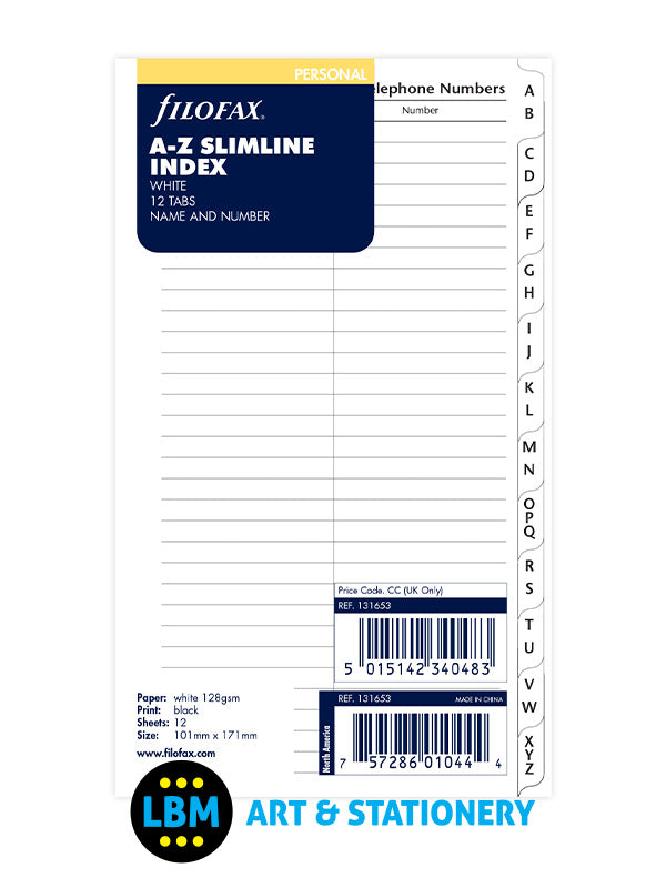 Personal A-Z Slimline Name & Number Index White Divider Refill 131653