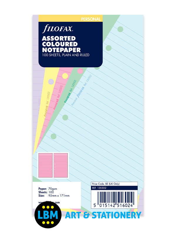 Filofax Personal size Assorted Coloured Notepaper Plain & Ruled Refill 130502 - LBM Art & Stationery Store