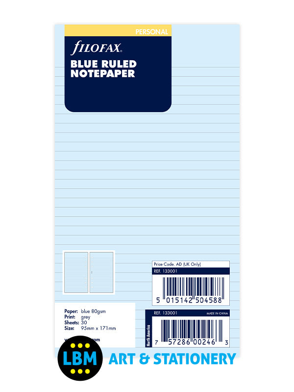 Personal size Blue Ruled Lined Notepaper Organiser Refill 133001