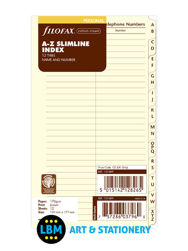 Personal size Cotton Cream A-Z Slimline Index Refill Insert 131689 - LBM Art & Stationery Store