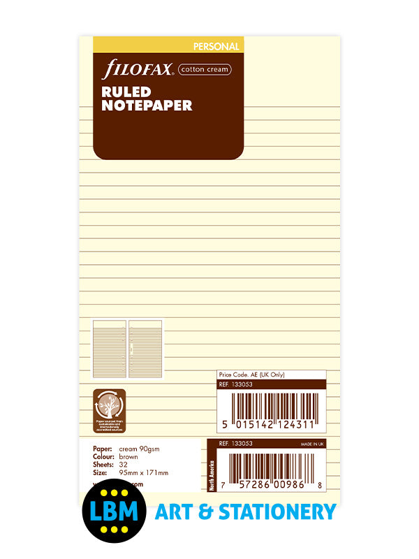 Personal size Cotton Cream Ruled Lined Notepaper Insert Refill 133053