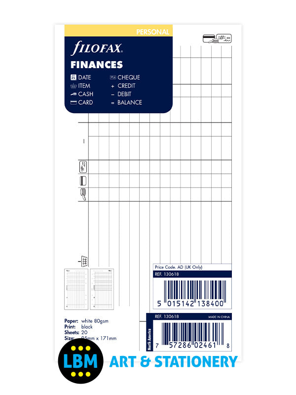 Filofax - Personal size Finances Notepaper Organiser Refill 130618 - LBM Art & Stationery Store