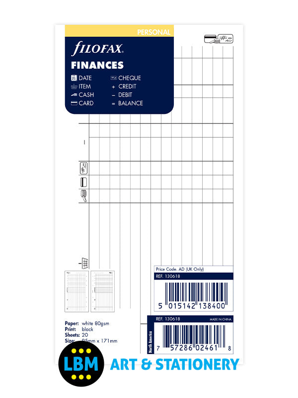 Filofax Personal size Finances Notepaper Organiser Refill 130618 - LBM Art & Stationery Store