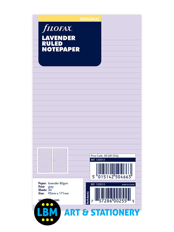 Filofax Personal size Lavender Ruled Notepaper Organiser Refill 133015 - LBM Art & Stationery Store