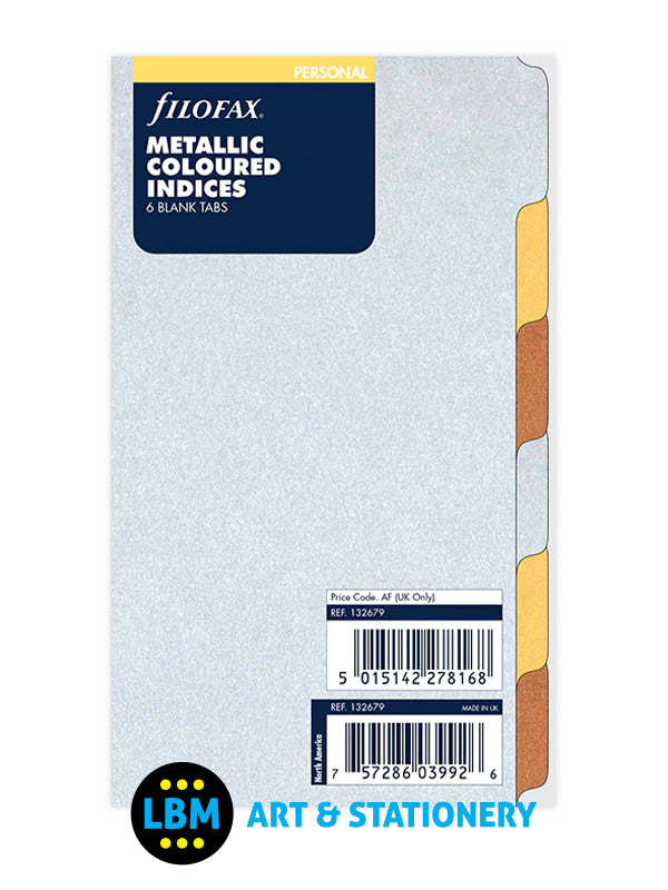 Filofax Personal size Metallic Coloured 6 Blank Tabs Indices Insert 132679 - LBM Art & Stationery Store