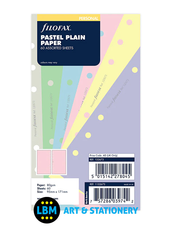 Filofax Personal size Pastel Plain Paper Assorted Colours Insert Refill 132673 - LBM Art & Stationery Store