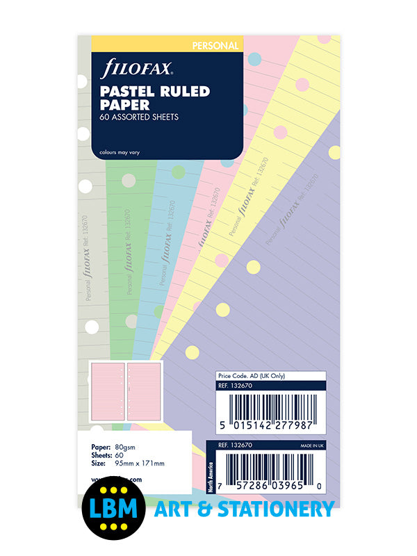 Filofax Personal size Pastel Ruled Paper Assorted Colours Refill 132670 - LBM Art & Stationery Store